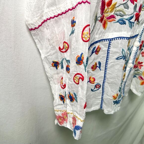 Johnny Was Zodea Almeria White Embroidered Button Front Top PL - Picture 8 of 13